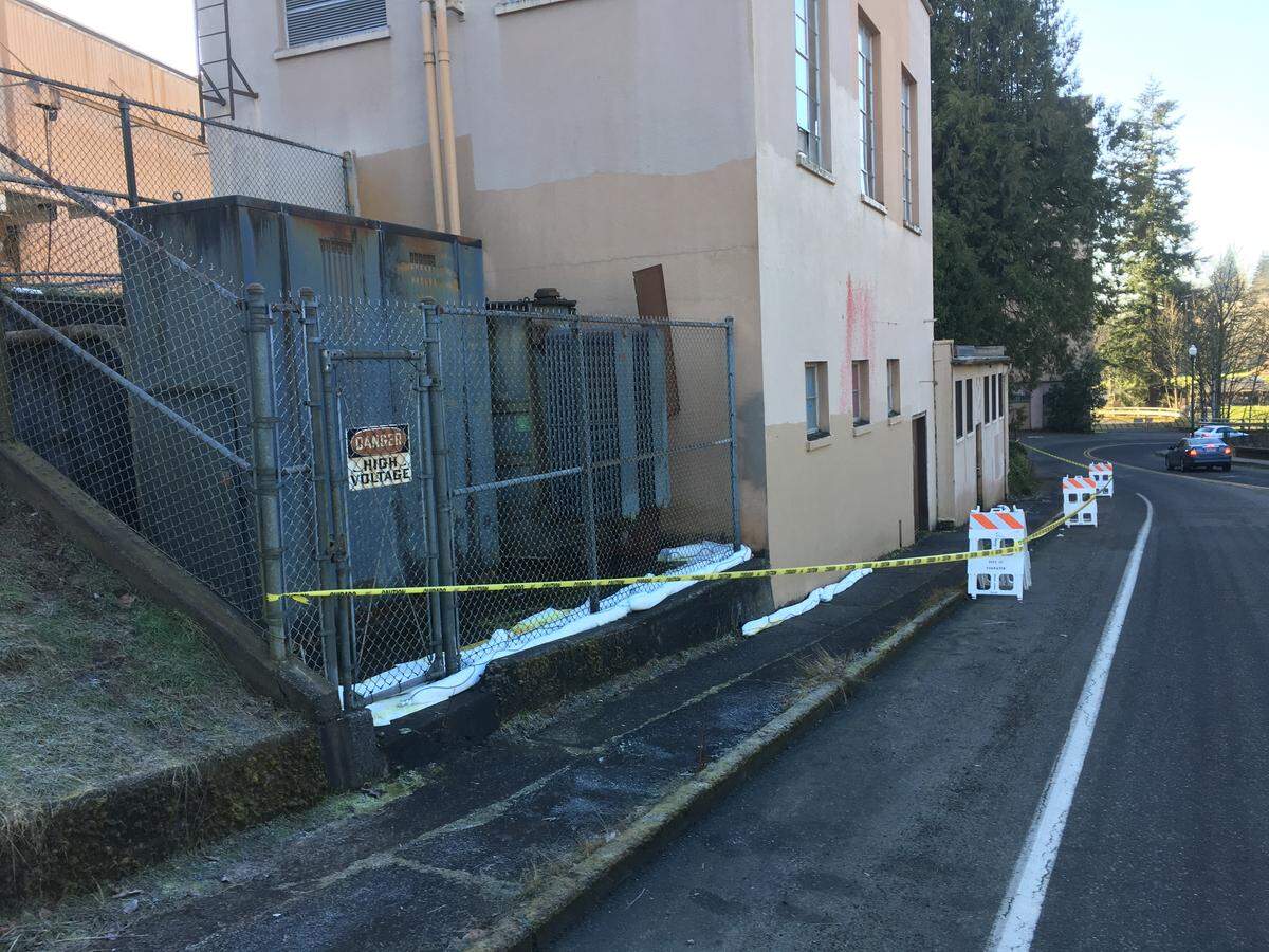 A petroleum-based product leaked from this brewery property transformer in Tumwater on Monday after it was damaged by vandals looking for copper wire.