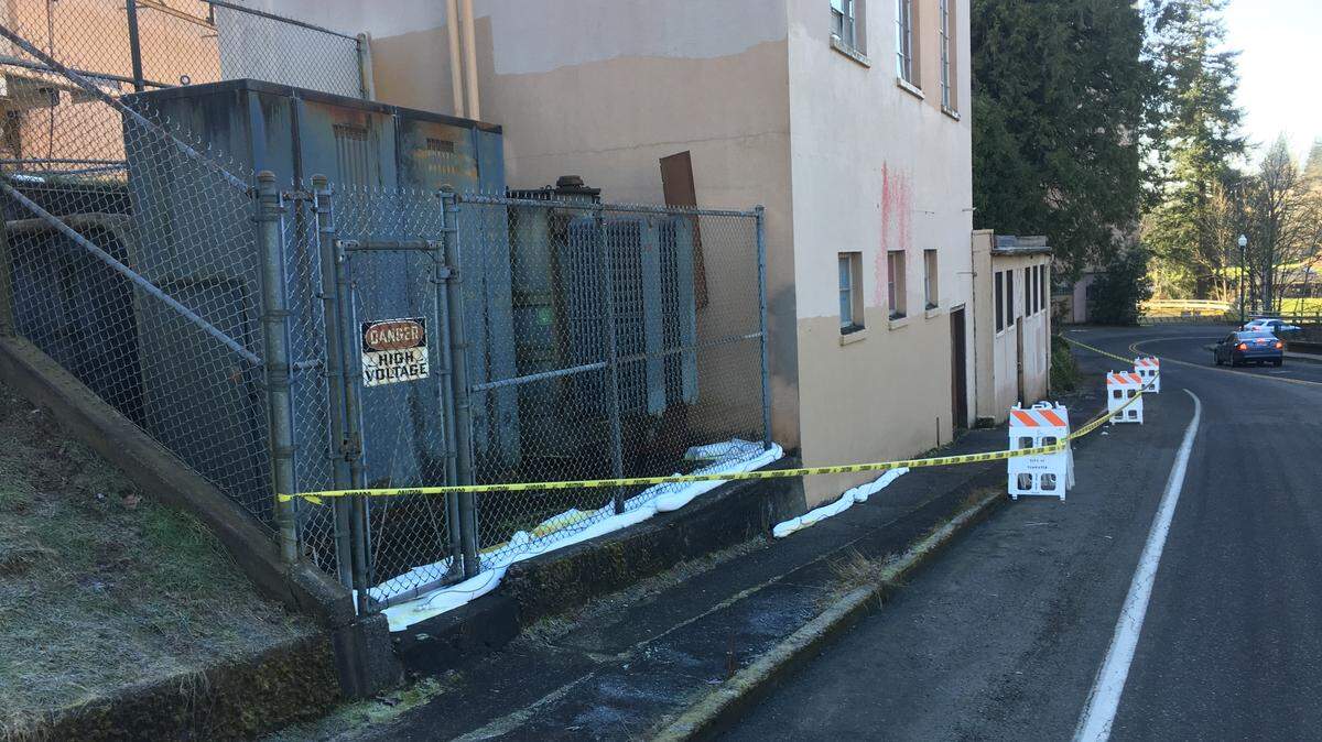 A petroleum-based product leaked from this brewery property transformer in Tumwater on Monday after it was damaged by vandals looking for copper wire.