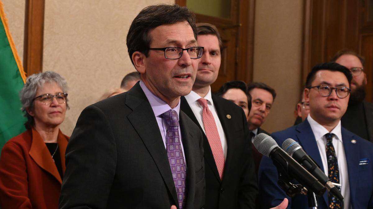 Gov. Bob Ferguson delivers remarks at a press conference on Feb. 13, 2025.