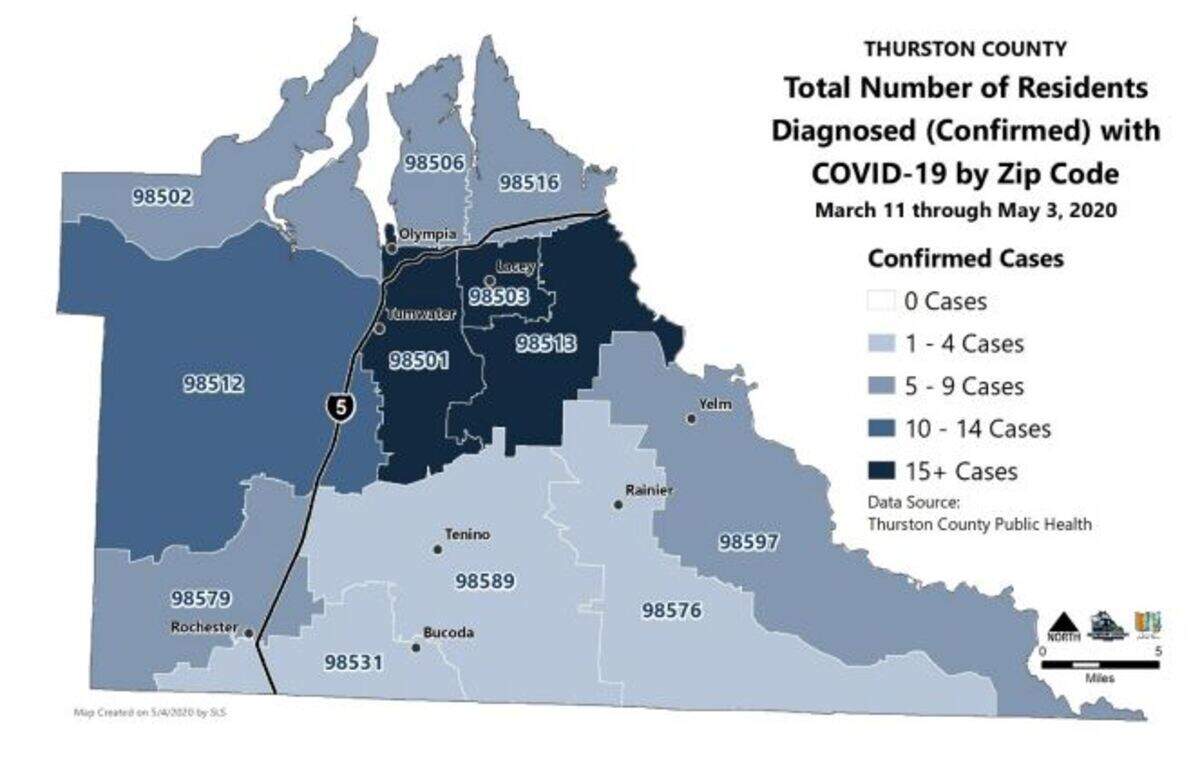 Thurston County Public Health & Social Services includes a map of cases by zip code in its weekly data report.