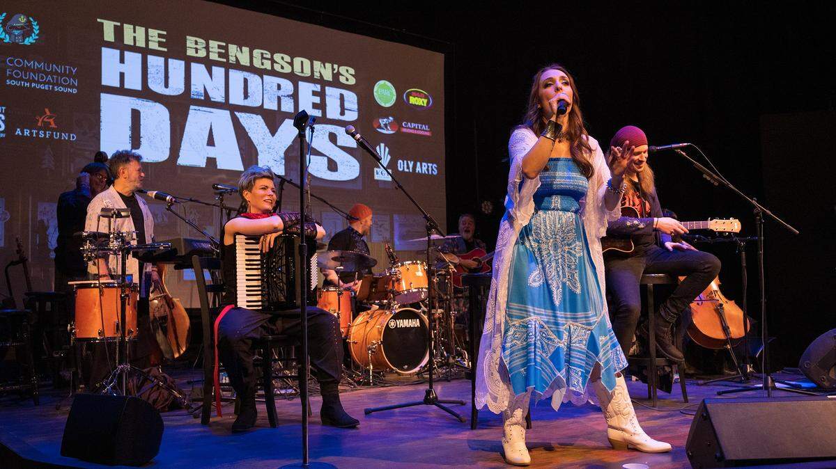 “Hundred Days,” opening Friday, May 5, at Harlequin Productions’ State Theater, is a concert-style musical created and inspired by the love story of folk-punk duo Abigail Bengson (Amy Shephard) and Shaun Bengson (Denim Protégé).