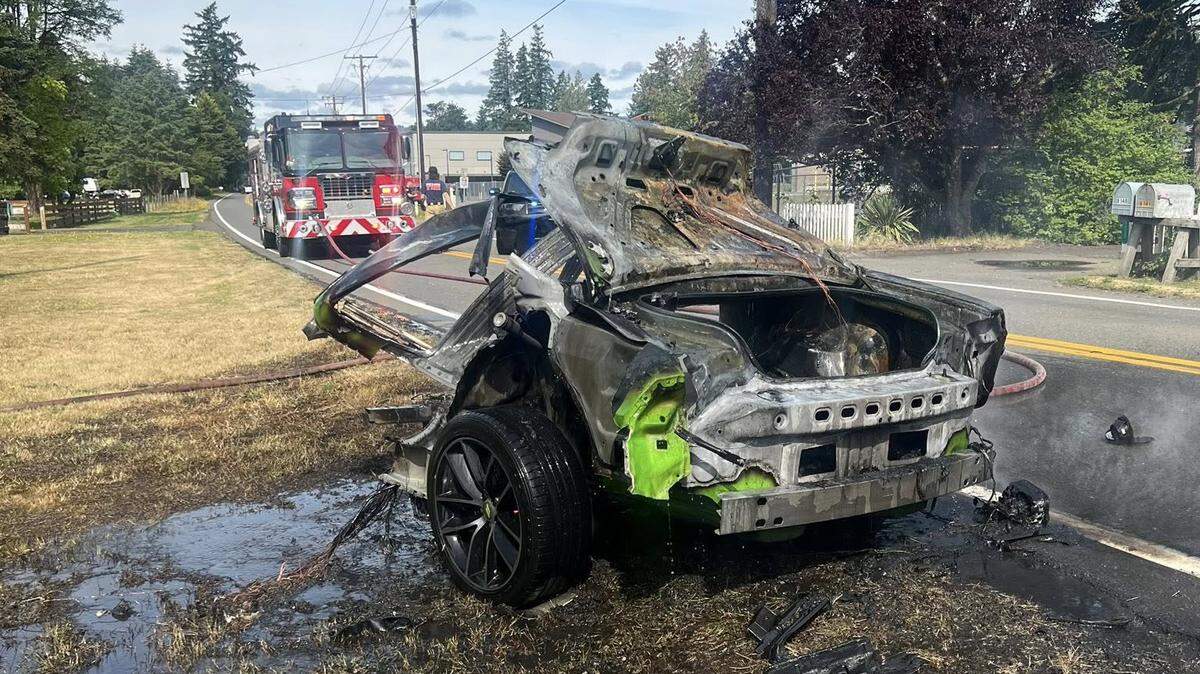 A car was split in half Monday morning when the driver crashed into a power pole on westbound Maytown Road Southwest, according to Thurston County Sheriff Derek Sanders.