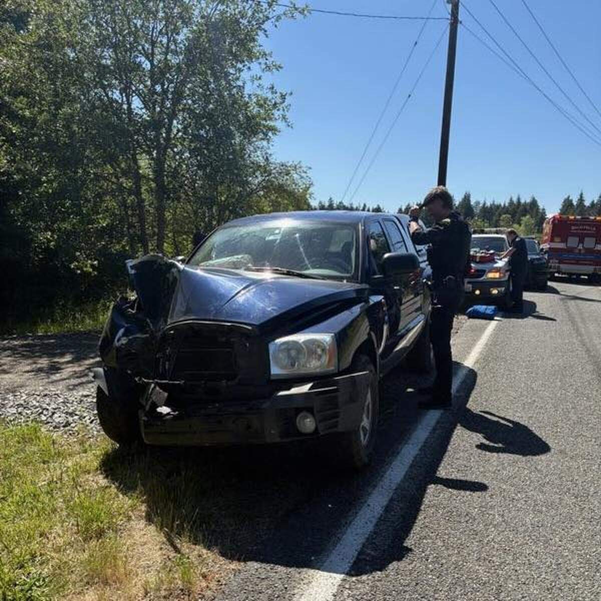 A 32-year-old in Yelm was arrested after allegedly crashing into a power pole Sunday afternoon.