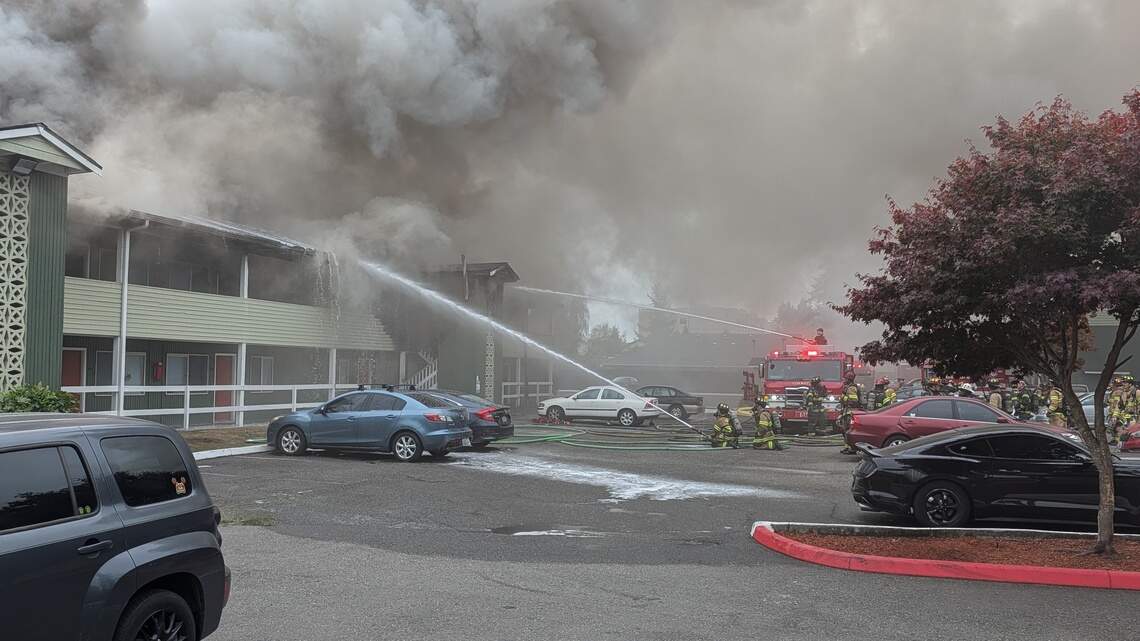 40 firefighters fight two-alarm blaze at Tumwater apartments. One person rescued