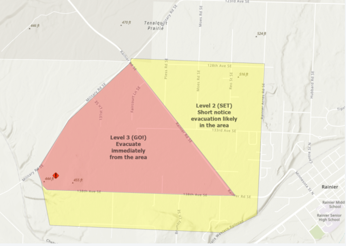 A level 3 evacuation order directed residents living within a triangular area outside Rainier to leave immediately due to a nearby wildfire that started on Wednesday, Aug. 13, 2025. The area affected by the order was bound by Rainier Road Southeast, Military Road and 138th Avenue, according to a map provided by Thurston County Emergency Management.