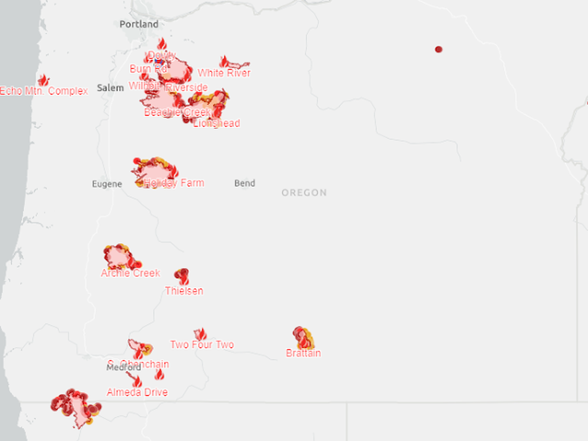 A map of the ongoing wildfires in Oregon, which are spreading smoking to Washington skies.
