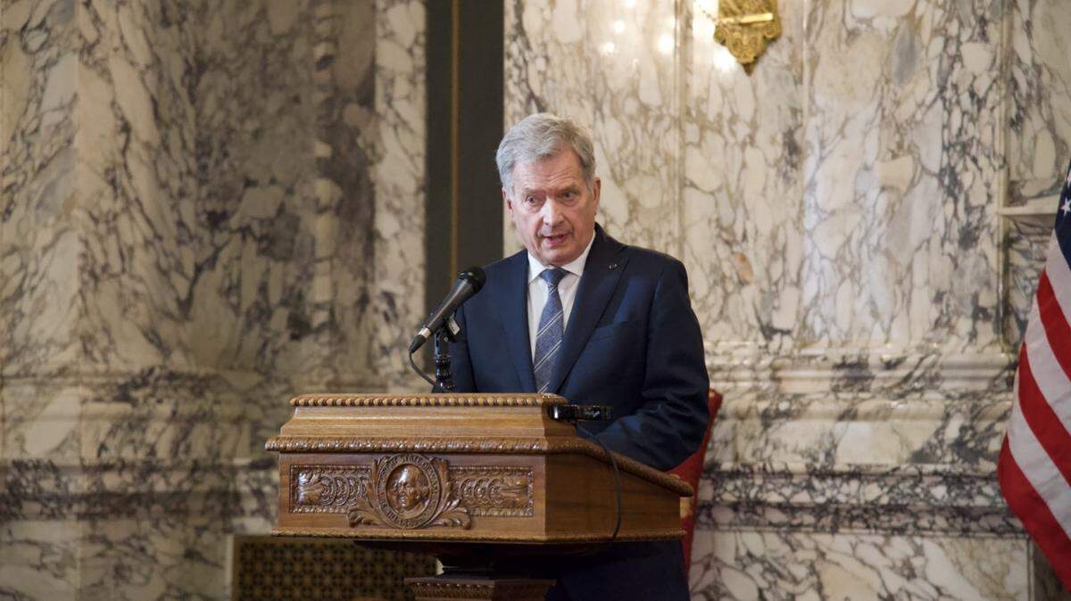 The President of Finland Sauli Niinistö addresses media at a press conference in Olympia on Monday. Niinistö visited the Washington state Capitol for a bilateral meeting with Gov. Jay Inslee and to deliver remarks at a Joint Session of the Legislature.