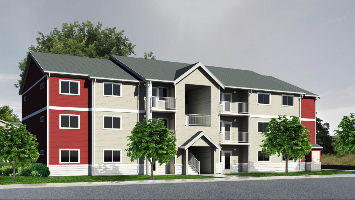 A mockup of a three-story apartment building that would be part of Lansdale Pointe, a proposed apartment complex at 911 Burr Road SE in Olympia.