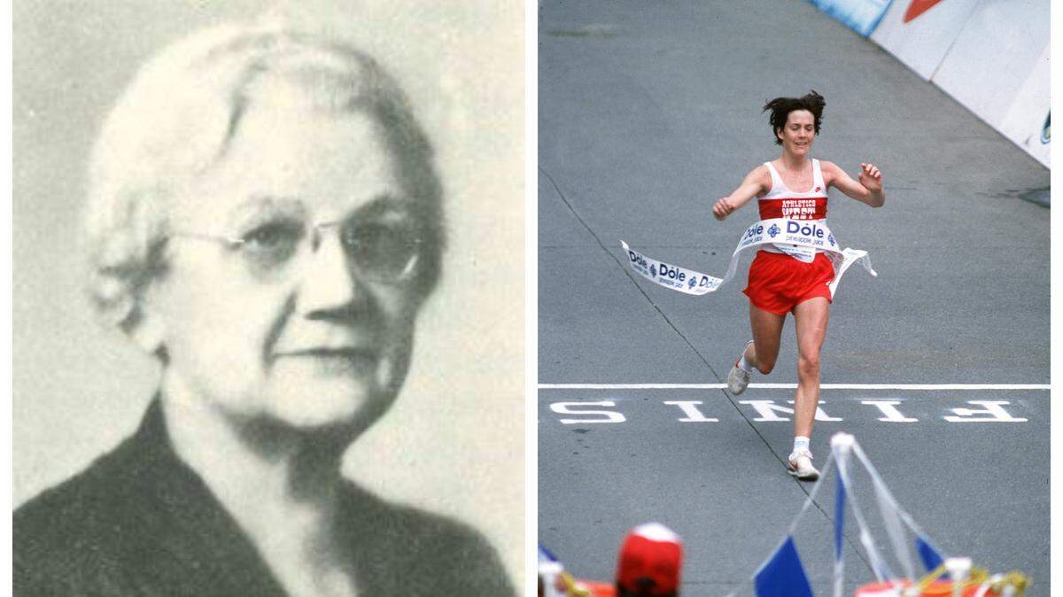 Eva G. Hewitt, left, was Tumwater’s first female postmaster. Right, Joan Benoit Samuelson crosses the finish line at the 1984 Olympic marathon trials in Olympia.