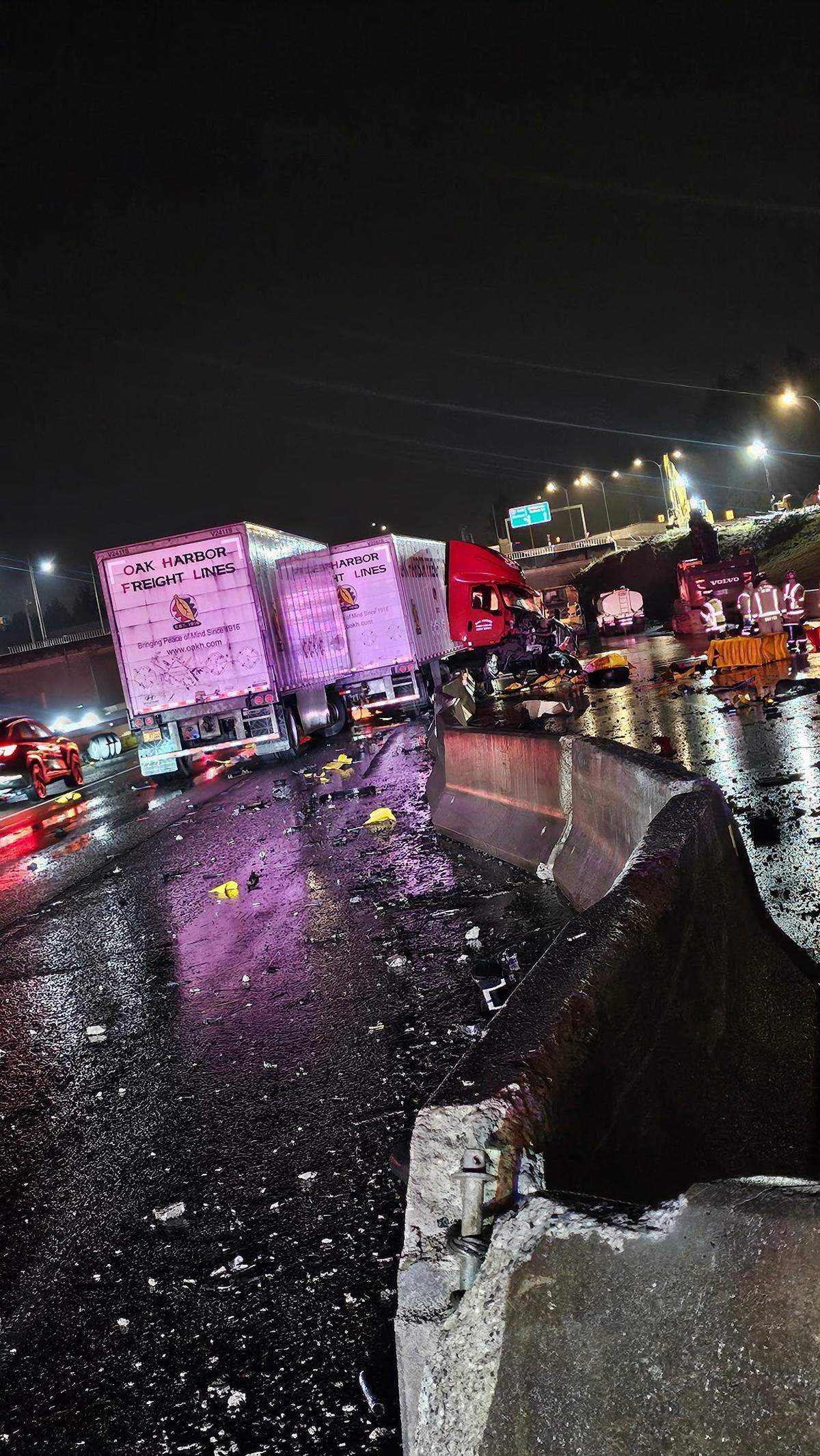 A semi-truck driver crashed into multiple barriers at northbound Interstate 5 milepost 119 in DuPont early Wednesday, April 1, 2026.