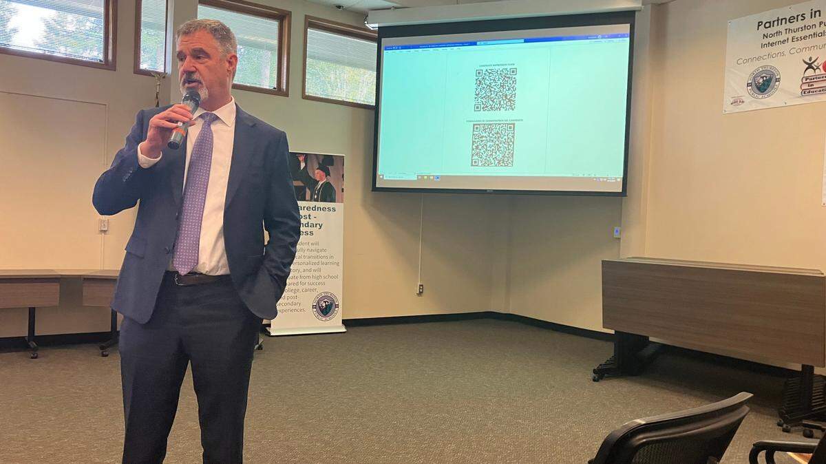 Troy Oliver addresses a community gathering on April 10. He was named superintendent of North Thurston Public Schools on Sunday.