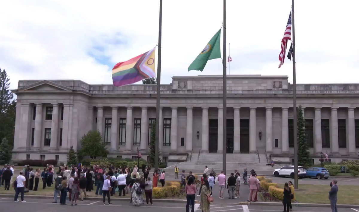 Washington officials led a ceremony to raise the 2026 Pride flag outside the state Capitol building in Olympia on June 3, 2026.