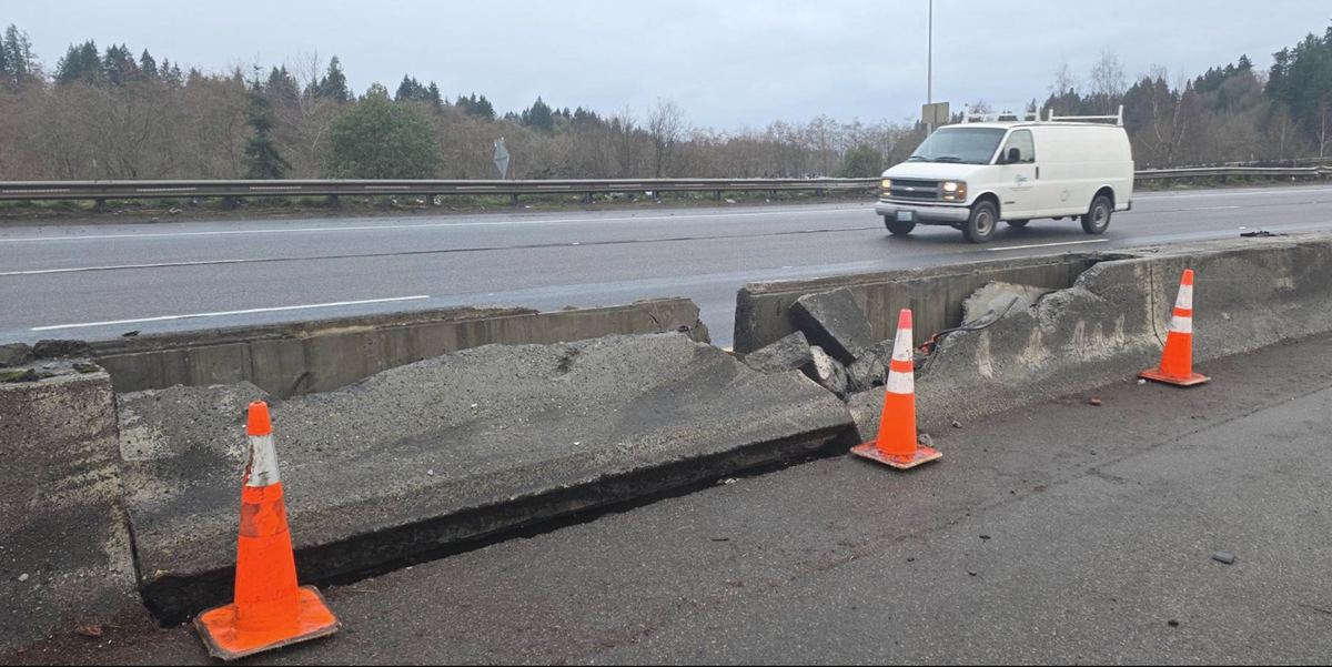 The Washington State Department of Transportation shared an image on X Thursday, Jan. 29, 2026, of a damaged center barrier on Interstate 5 near the U.S. 101 interchange. A semi-truck crashed into the barrier Wednesday evening.