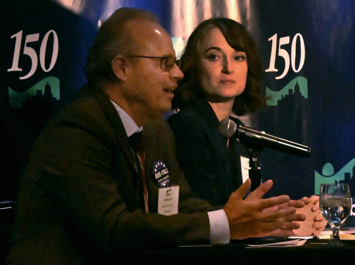 Legislative District 22 State Senate candidates Bob Iyall and Jessica Bateman answer questions during the Thurston County Chamber Candidates Forum on Wednesday, Sept. 11, at Saint Martin’s Norman Worthington Center. 
