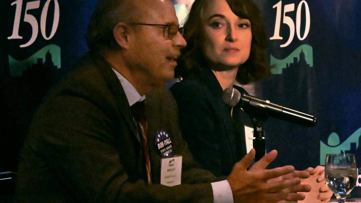 Legislative District 22 State Senate candidates Bob Iyall and Jessica Bateman answer questions during the Thurston County Chamber Candidates Forum on Wednesday, Sept. 11, at Saint Martin’s Norman Worthington Center. The forum also included District 2 State Representative candidates Matt Marshall and John Snaza, 


