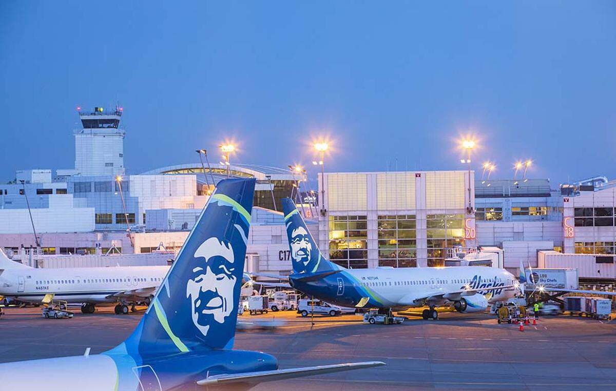 Alaska Airlines planes at Seattle-Tacoma International Airport on July 30, 2019.