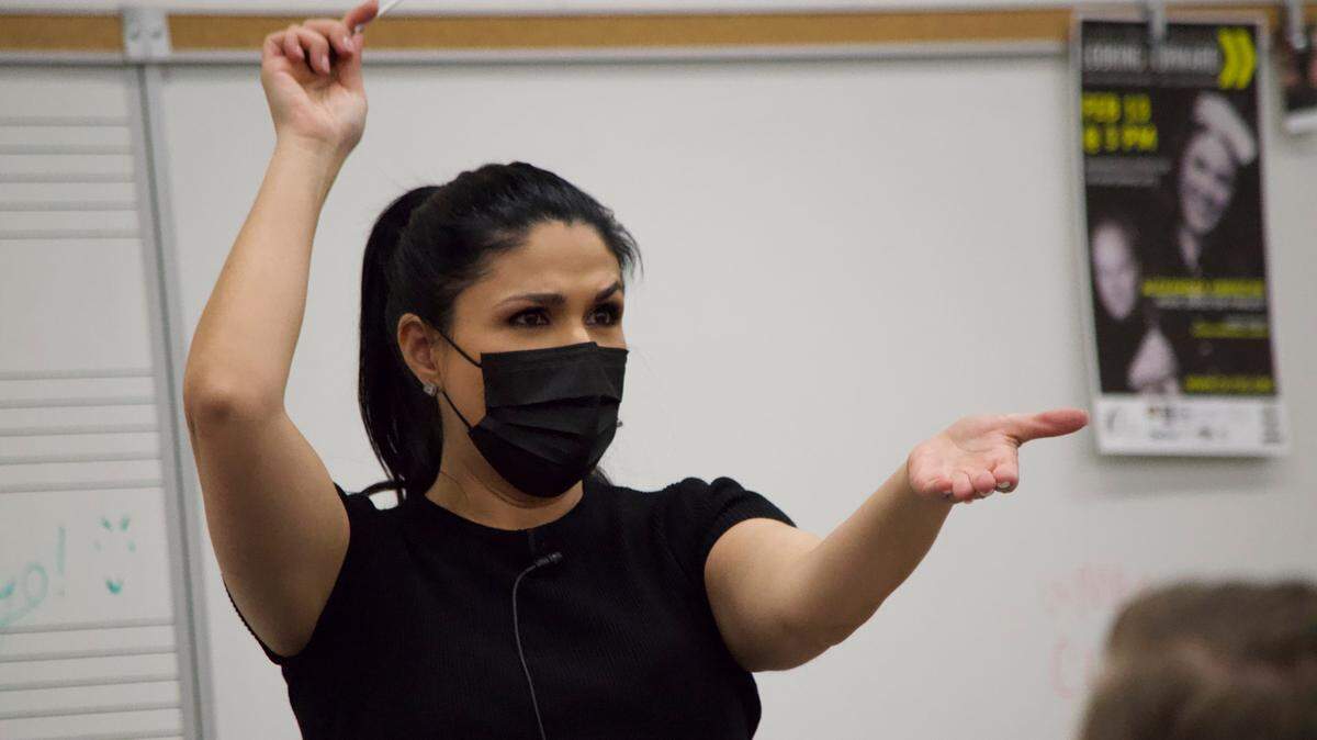 Alexandra Arrieche rehearses with the Olympia Symphony Orchestra on Jan. 31, her first day in town.