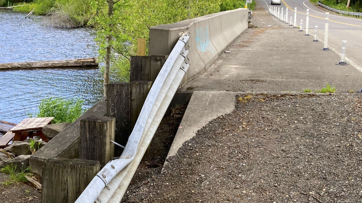 A damaged section of the Black Lake-Belmore Road Bridge. Thurston County announced the 60-foot bridge, located on the east side of Black Lake near Percival Creek, will be closed for repairs from June 17 to mid-October.