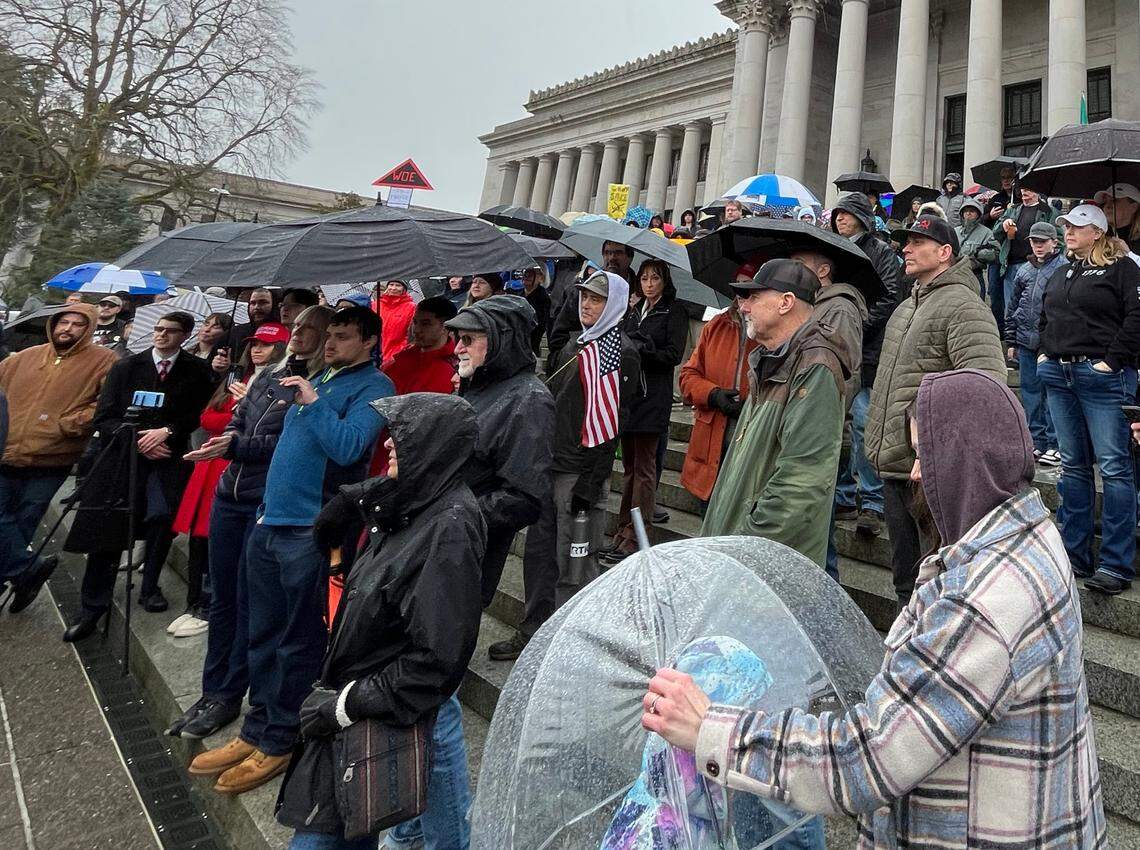 Hundreds of supporters for parental rights gathered on the north steps of the capitol in Olympia, Wa. On February 15, 2025. Sponsored by the Washington State Republican Party (WAGOP), Family Policy Institute of Washington and Let’s Go Washington organizations the rally was largely in response to proposed legislative bills HB 1296 and SB 5181 that have been advanced by a group of Democratic legislators.