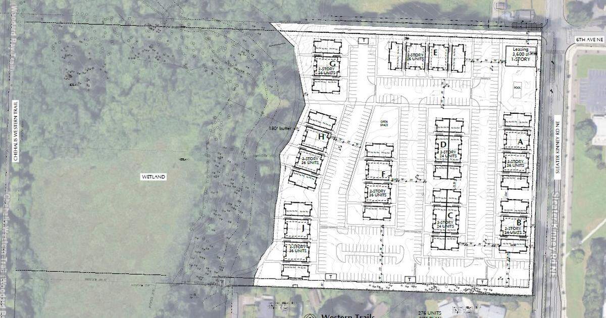 A map shows the layout of the proposed Western Trails multifamily development on Sleater Kinney Road Northeast across from North Thurston High School.