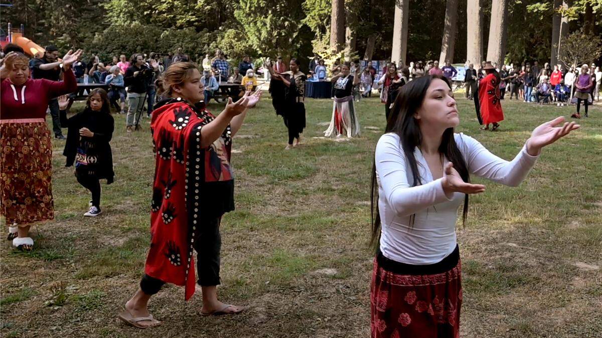 Squaxin Island tribal drummers and dancers welcomed attendees with music and song to the Indigenous Peoples’ Day celebration at Squaxin Park (formerly Priest Point Park) in Olympia on Monday, Oct. 10. Emcee Raven Redbone opened the program that featured speakers including representatives of the Squaxin Island Tribal Council, Olympia City Council, Congresswoman Marilyn Strickland and other tribal members. A community gathering and meal with a flag-raising ceremony followed.