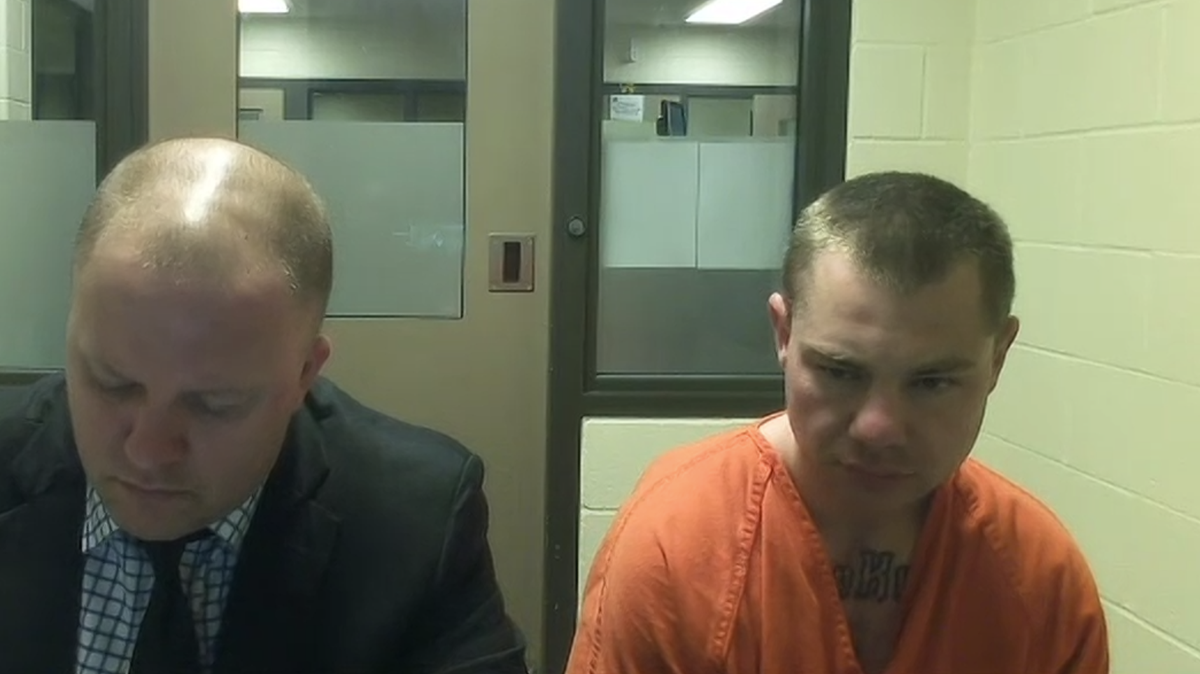 Galaxy Ray Muffett, right, attends his preliminary appearance in Thurston County Superior Court on Tuesday, March 12. Muffet has been accused of killing a woman who’s body was recovered in a house fire on Cooper Point Road Northwest on Saturday, March 9.