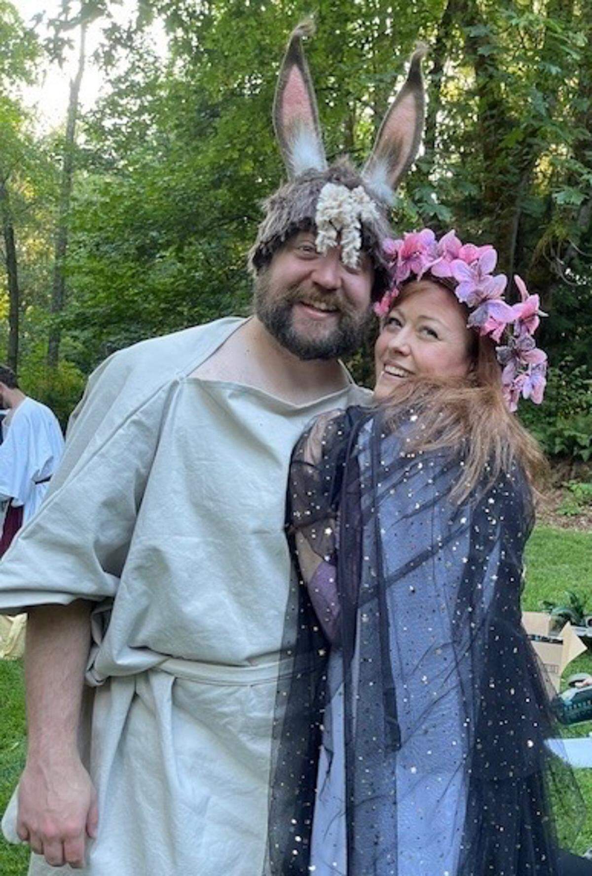 Bottom (Aaron Gotzon) and Titania (Kimberlee McDaniel Wolfson) are victims of magical mischief in Animal Fire Theatre’s production of Shakespeare’s “A Midsummer Night’s Dream.”