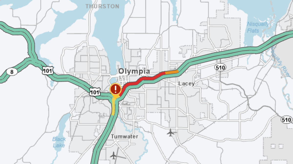 An image showing traffic where work crews partially closed southbound Interstate 5 and the ramp to U.S. 101 in Olympia on Thursday, April 13, 2023.