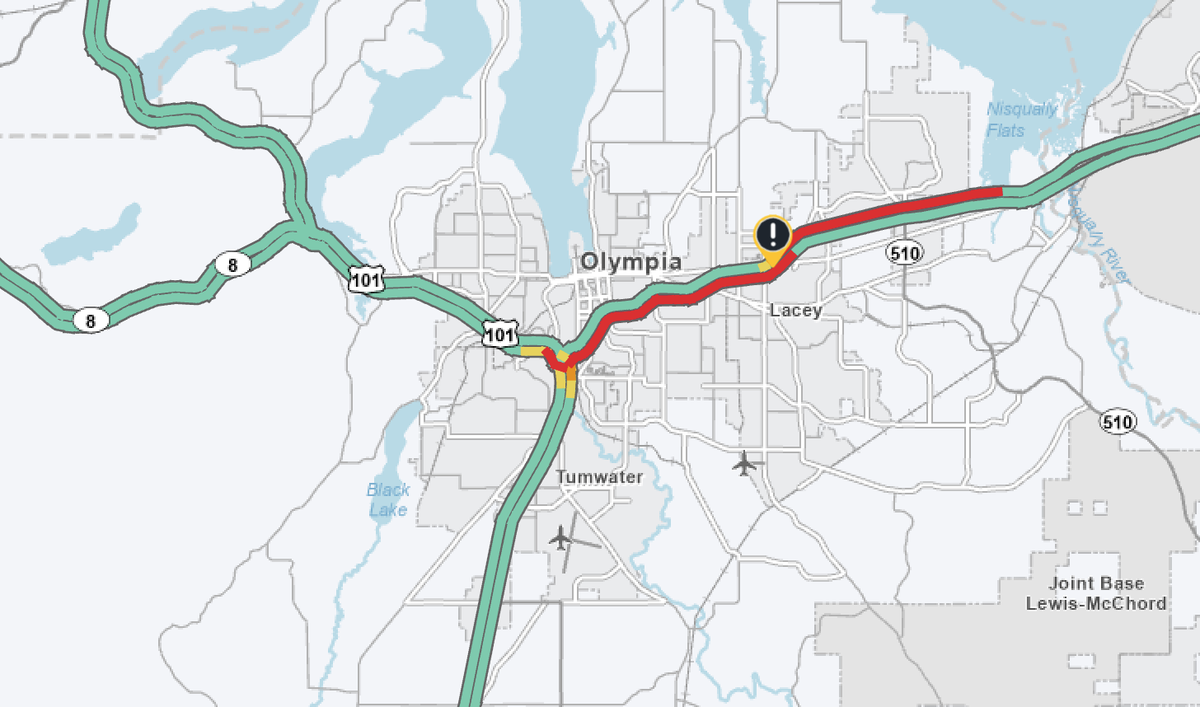 A map showing the location of a multi-vehicle car wreck on Interstate 5 in Lacey on Thursday, Dec. 4, 2025.