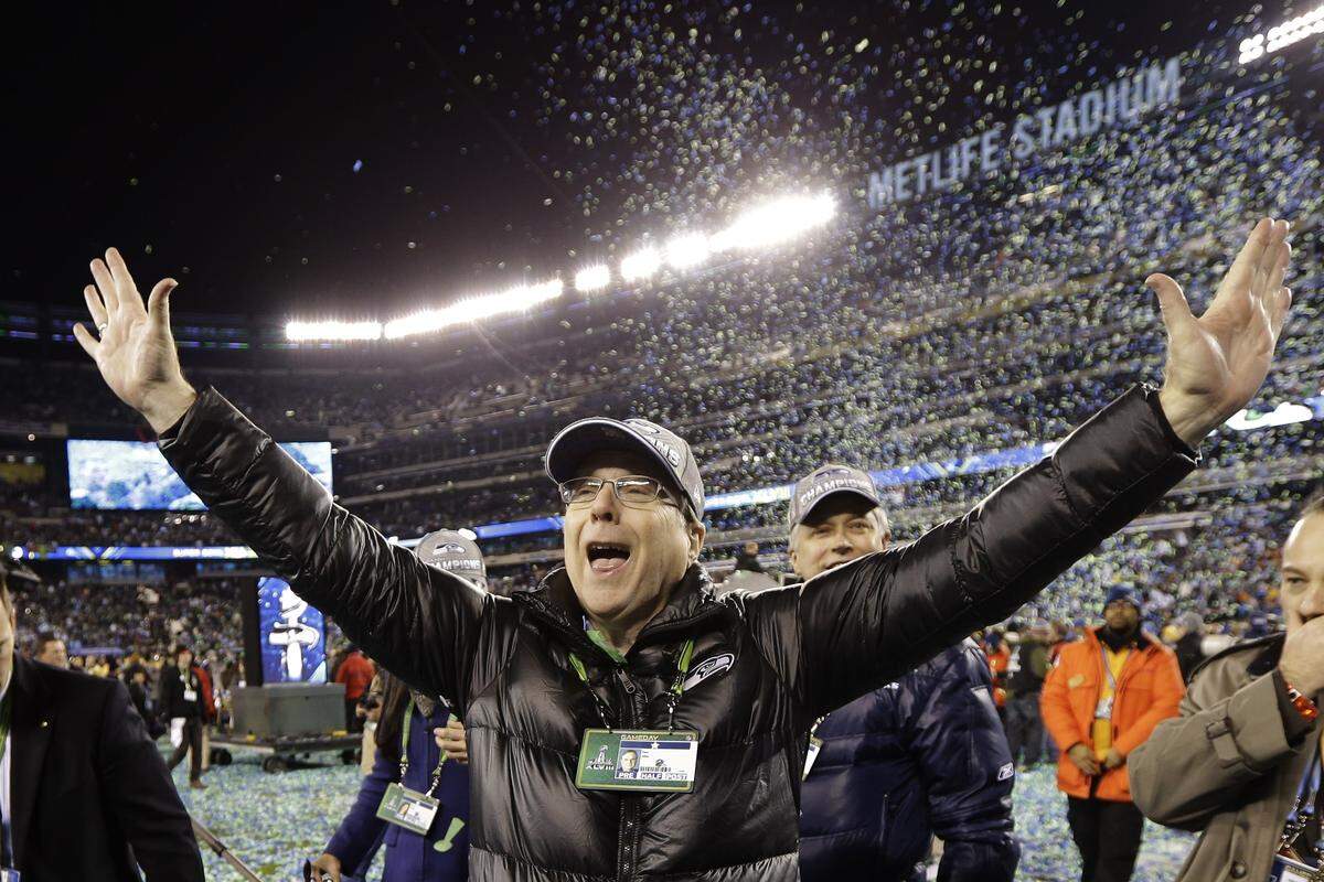 Seattle Seahawks owner Paul Allen celebrates after the NFL Super Bowl XLVIII football game against the Denver Broncos Sunday, Feb. 2, 2014, in East Rutherford, N.J. The Seahawks won 43-8.