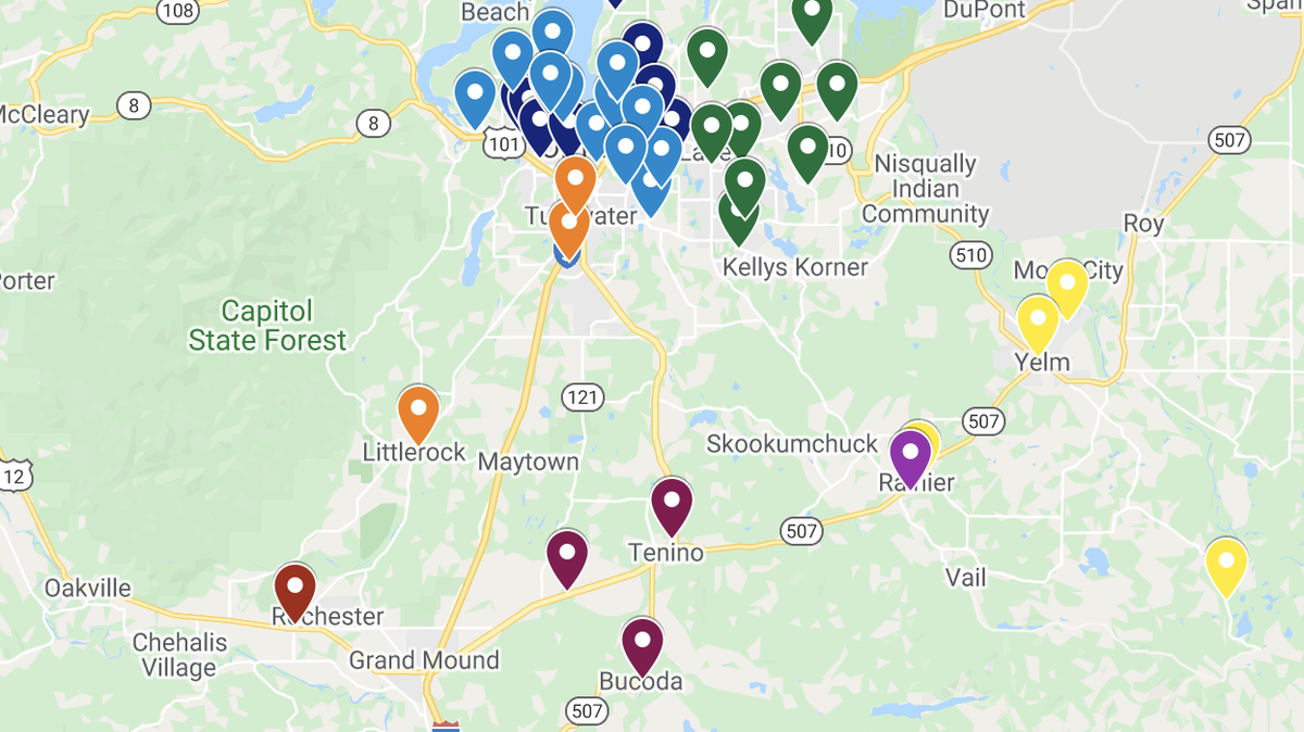 Map of all Grab ‘n’n Go meal sites and delivery locations in Thurston County.