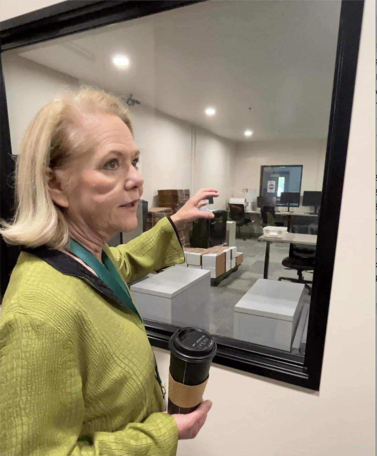Auditor Mary Hall conducts a tour the renovated Thurston County Ballot Processing Center in Tumwater on Oct. 30, 2025
