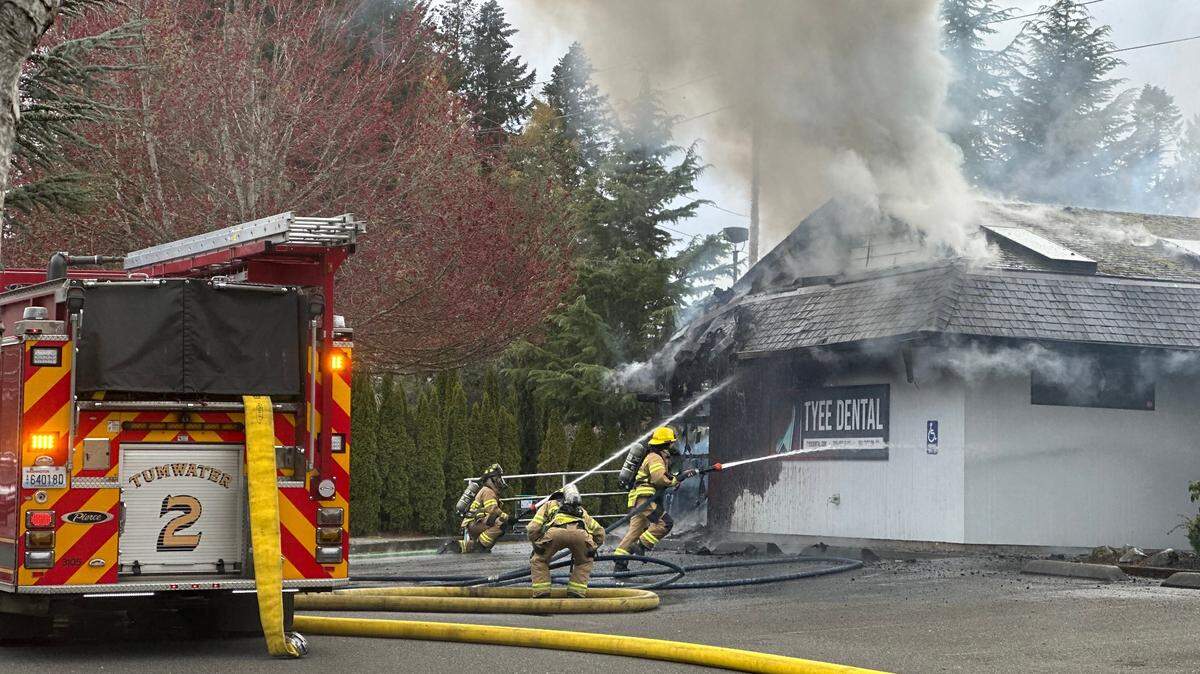 The Tumwater Fire Department responds to a structure fire March 30 at the Tyee Dental Clinic.