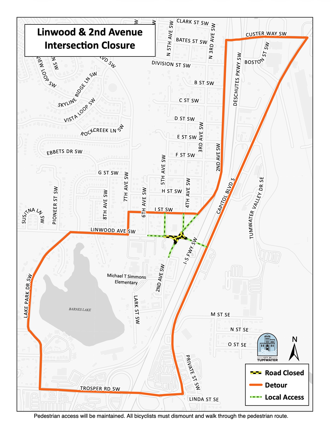 Drivers will be directed to follow a detour route to avoid the intersection of Second and Linwood Avenues in Tumwater, according to the City of Tumwater. Work crews will close the intersection starting Monday, April 27, to build a new roundabout.