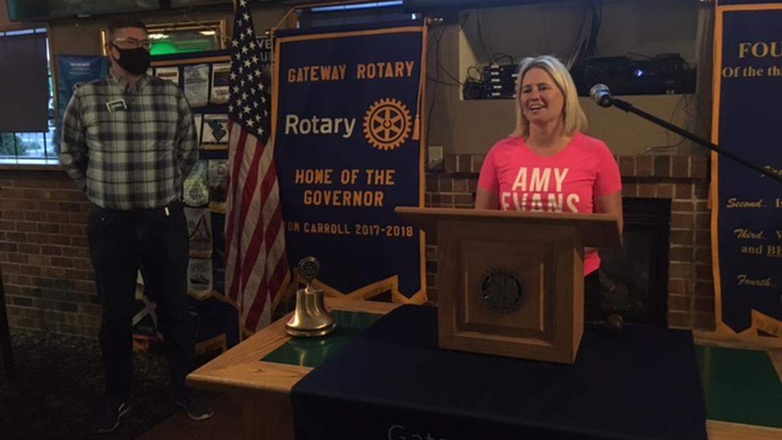 Port of Olympia District 3 candidate Amy Evans, shown here with challenger Joel Hansen at a recent Gateway Rotary meeting, says she will forego her commercial real estate broker’s commission to eliminate any conflict of interest charges.