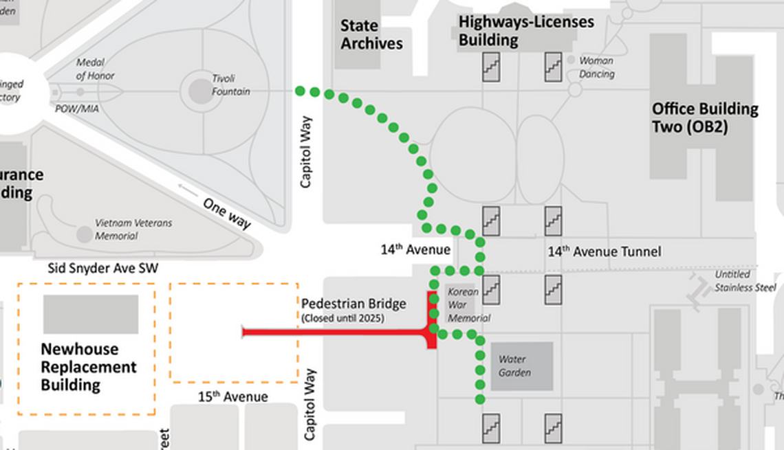 The pedestrian bridge on the Capitol Campus in downtown Olympia will be closed until the 2025 legislative session.