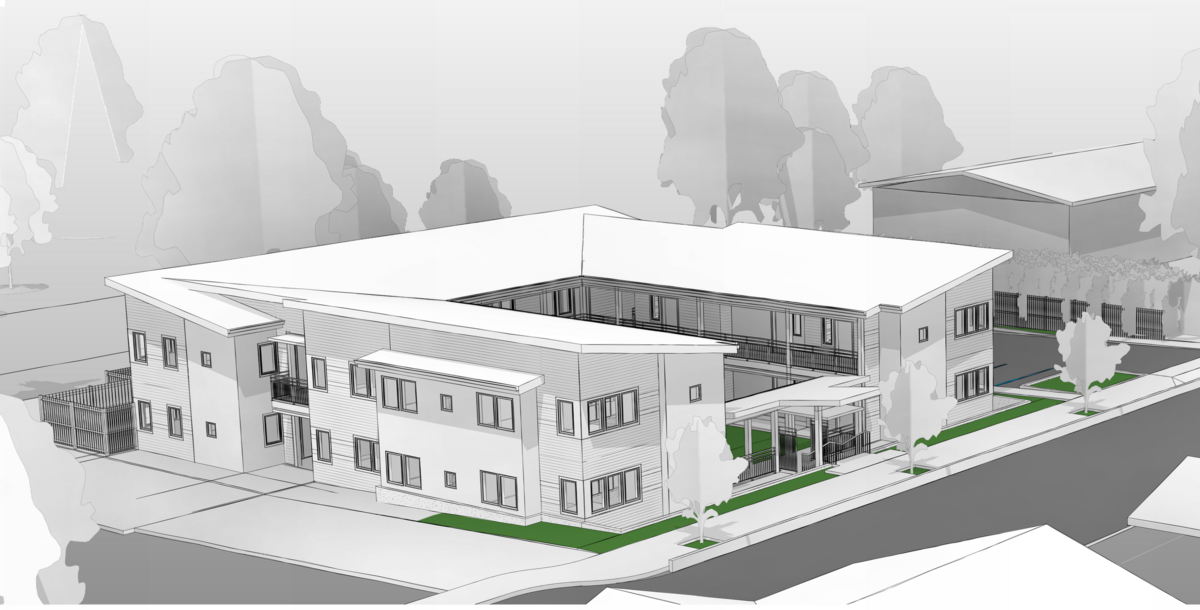 A concept drawing showing a birdseye view of an affordable housing complex planned for 2104 State Avenue Northeast in east Olympia.