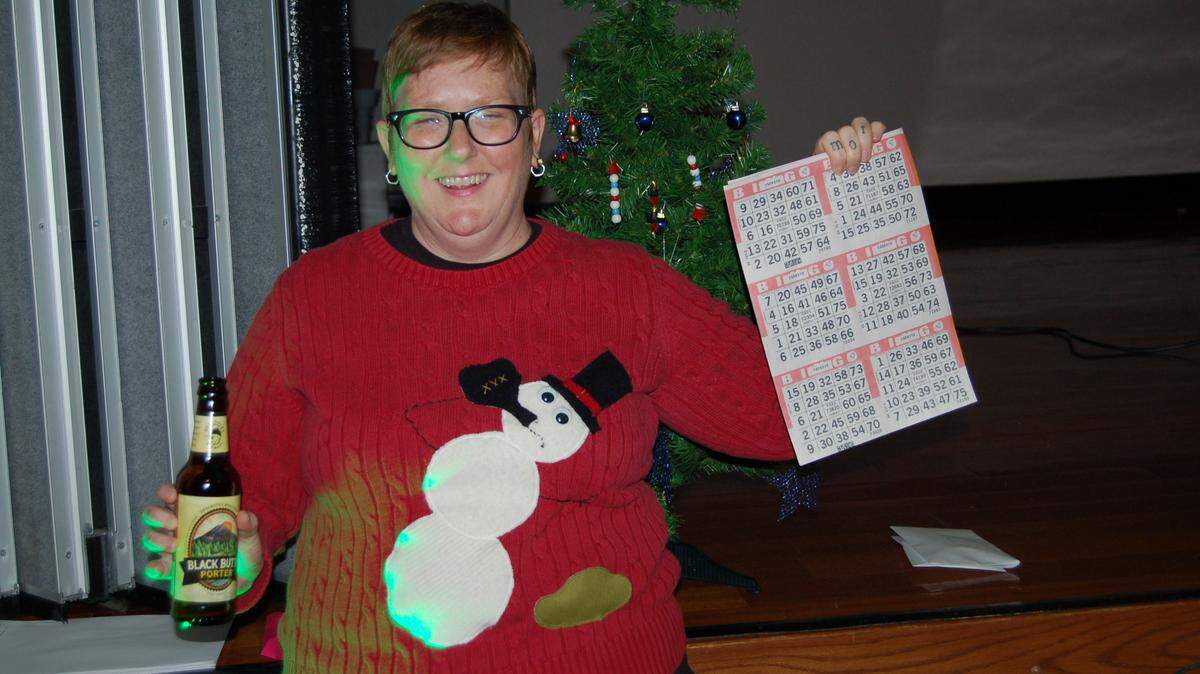 Timberland librarian Kelsey Smith entered the 2014 Ugly Sweater contest, but her Drunky the Snowman didn’t win.