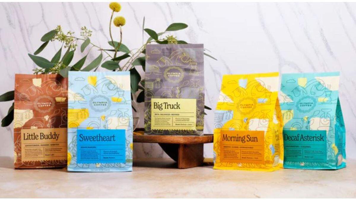 The newly redesigned coffee bags at Olympia Coffee.