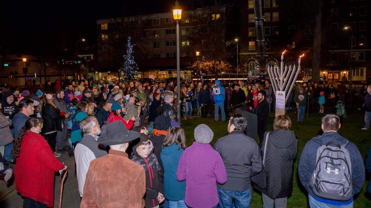 A crowd gathers to celebrate Hanukkah at the Jewish Community of Olympia’s Giant Menorah Lighting in 2018.