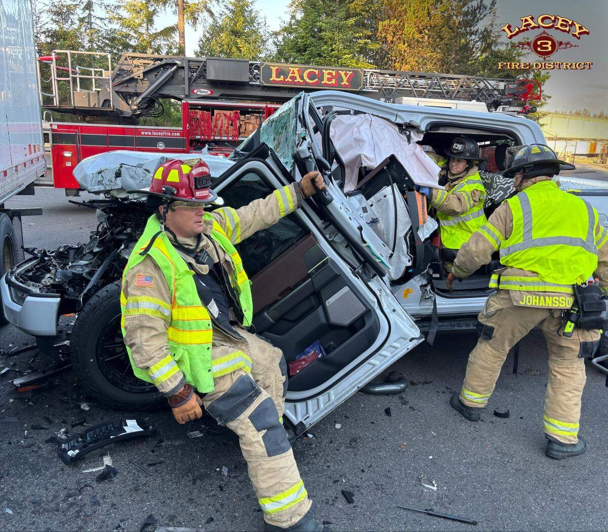 Lacey Fire District 3 crews extracted a driver from a mangled pick-up truck after a crash on Thursday, May 14, 2026.