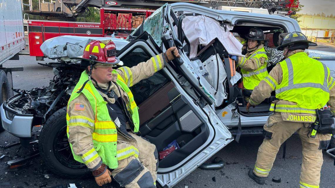 Driver pulled from mangled pickup truck after Thurston County wreck