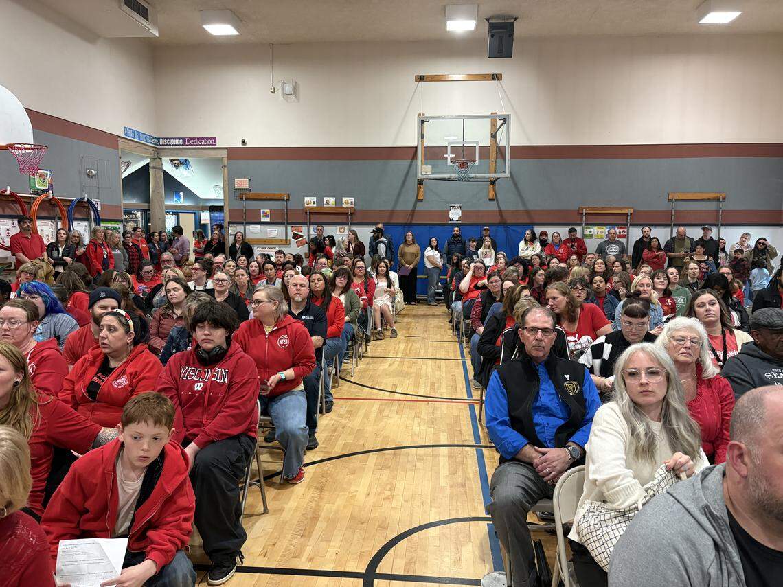 More than 100 people attended the North Thurston Public Schools board meeting at Lakes Elementary on Tuesday, April 28, 2026.