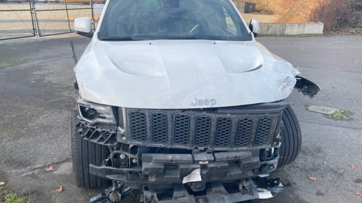 The Spanaway man’s vehicle, showing extensive damage to the front bumper.