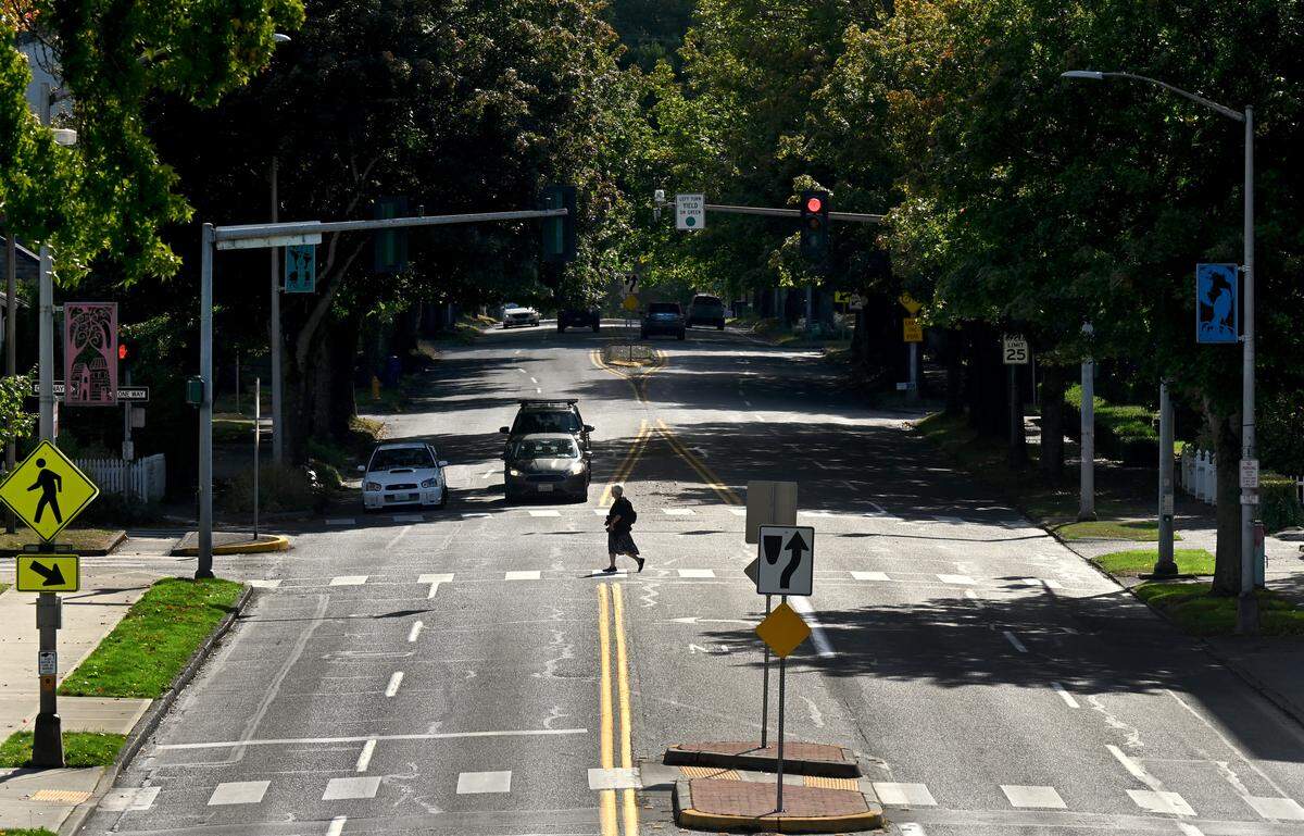 A view of Capitol Way South from the pedestrian bridge near the Washington state Capitol Campus.