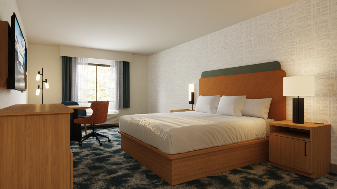 An image of what hotel guest rooms will look like at the Hampton Inn by Hilton.