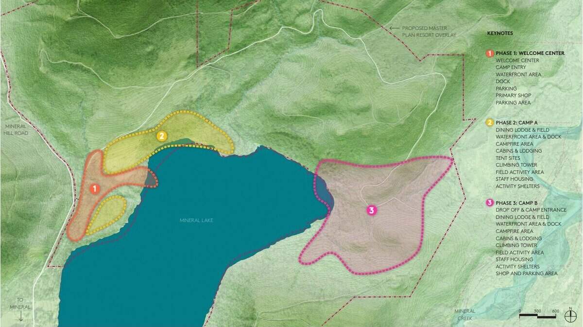 The map shows where a proposed YMCA camp would be located on Mineral Lake near Elbe.
