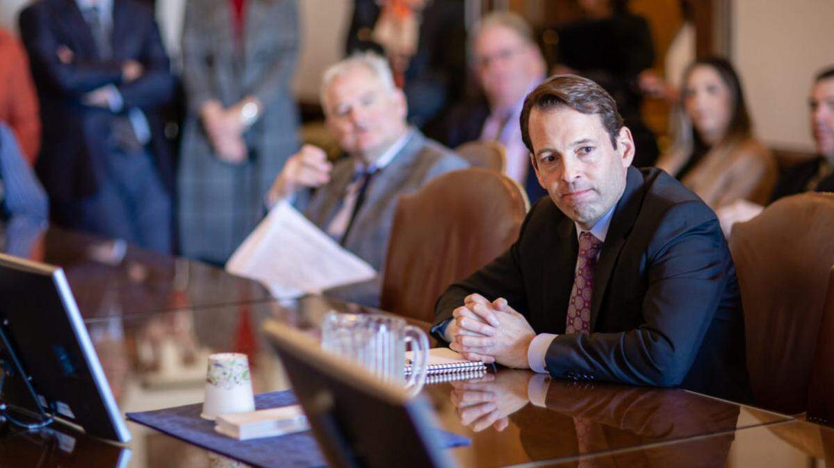 Tribal leaders meet in the Senate Democratic Caucus Room with Senate Majority Leader Andy Billig, right, in 2020. Billig has been re-elected Senate Majority Leader by the Senate Democrats.