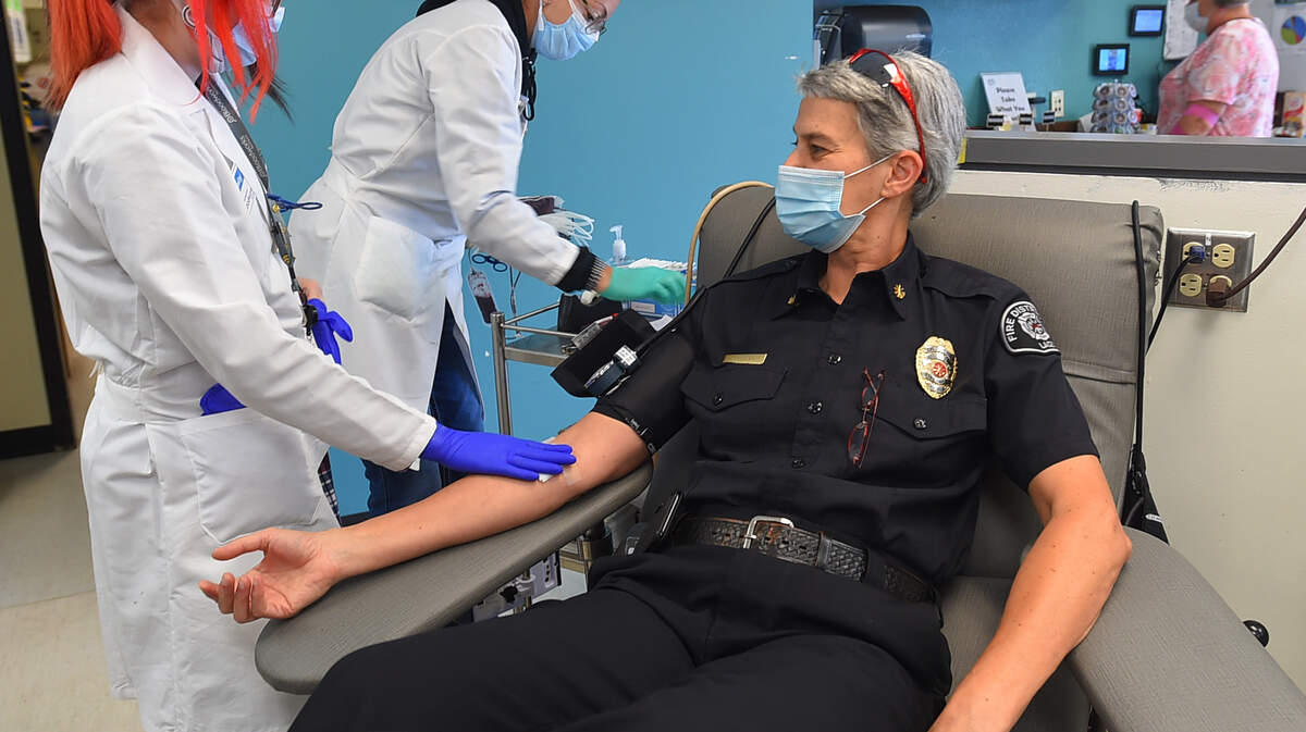 Lacey’s Deputy Fire Chief Kathy Dickson finishes up donating blood at the Bloodworks Donor Center in Olympia in 2021. To donate blood, contact Bloodworks Northwest at https://www.bloodworksnw.org/.