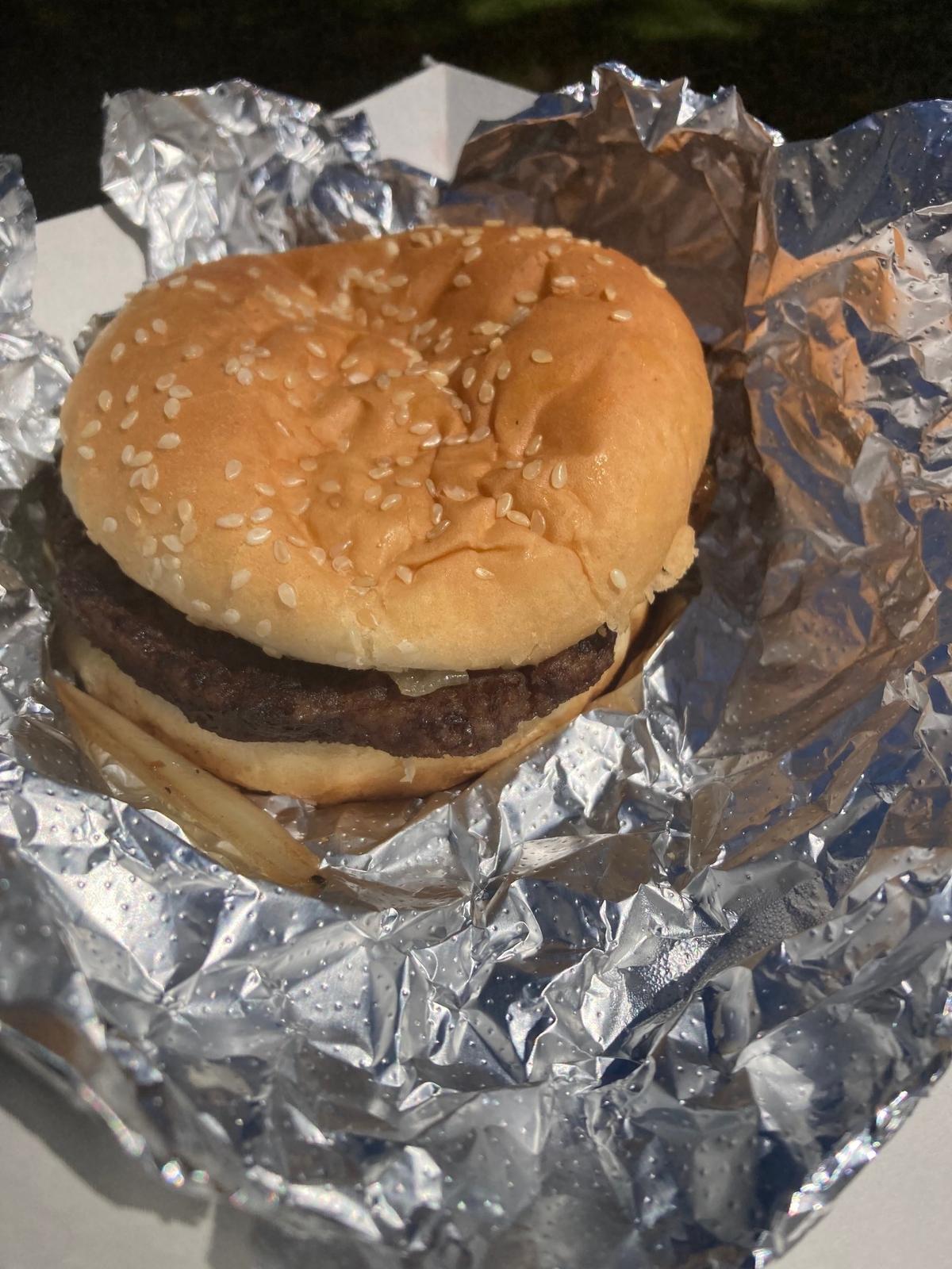 A regular hamburger from Madeline’s Bavarian Wurst at the Olympia Farmers Market.